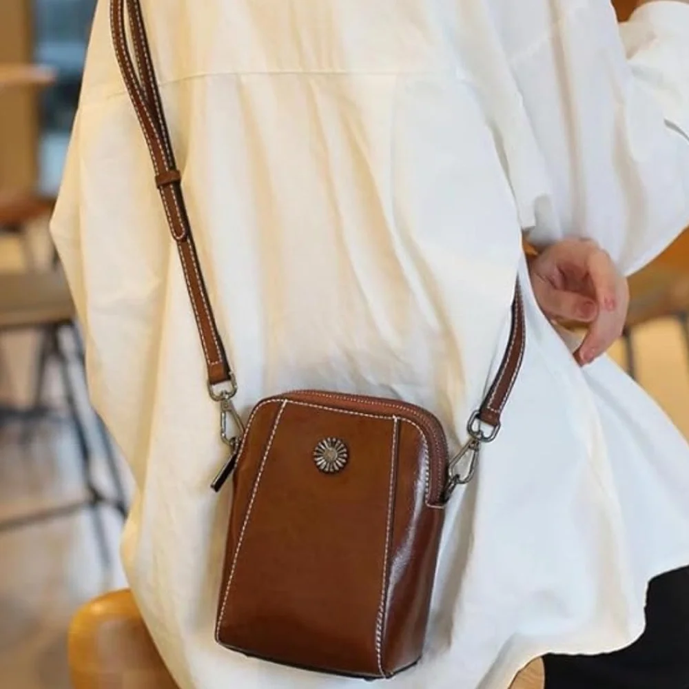 Cognac Leather Mini Vertical Cell Phone Crossbody Bag - Picture 11 of 11